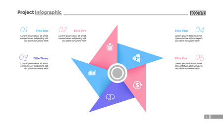 Metaphor diagram with five elements. Pinwheel, cycle chart, slide template. Creative concept for infographics, presentation, report. Can be used for topics like business, marketing, managementのイラスト素材