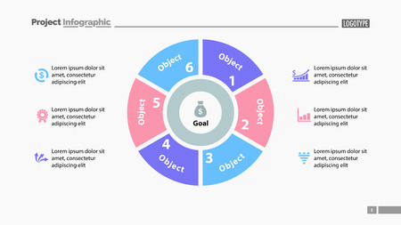 Pie chart with six parts template. Business data. Diagram, infographic, design. Creative concept for infographic, template, presentation. Can be used for topics like management, marketing, analysis.のイラスト素材