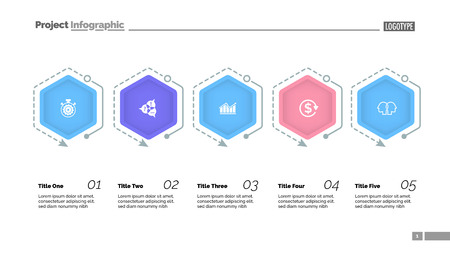 Process diagram with five elements. Step chart, timeline, slide template. Creative concept for infographics, presentation, report. Can be used for topics like business, statistics, human resourceのイラスト素材