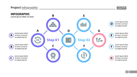 Seven elements process chart slide template. Business data. Option, diagram, design. Creative concept for infographic, presentation. Can be used for topics like management, consulting, strategy.のイラスト素材
