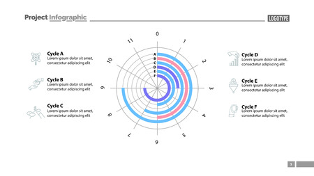 Six cycles in circle diagram template. Business data. Graph, chart, design. Creative concept for infographic, report. Can be used for topics like science, economics, investmentのイラスト素材
