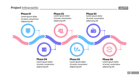 Six phase process chart slide template design. Element of chart, diagram, infographic. Concept for presentation, annual report, web design. Can be used for topics like business, finance, bankingのイラスト素材