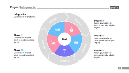 Five phases process chart slide template. Business data. Goal, circle, design. Creative concept for infographic, presentation, report. Can be used for topics like management, recruitment, analytics.のイラスト素材