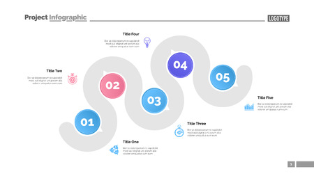 Five points process chart slide template. Business data. Step, infochart, design. Creative concept for infographic, presentation, report. Can be used for topics like management, recruitment, research.のイラスト素材