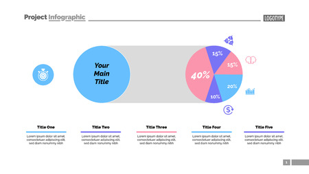 Five sectors pie chart slide template. Business data. Comparison, diagram, design. Creative concept for infographic, presentation, report. Can be used for topics like marketing, finance, analytics.のイラスト素材