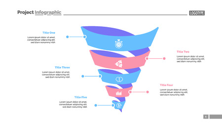 Five spiral turns process chart slide template. Business data. Step, point, design. Creative concept for infographic, presentation, report. For topics like management, marketing, recruitment.のイラスト素材