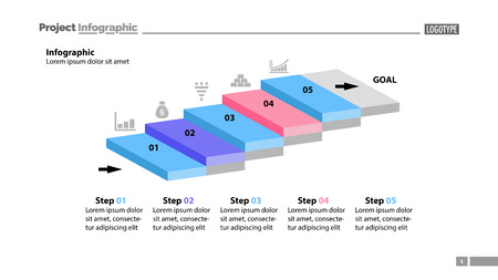 Five steps process chart slide template. Business data. Startup, goal, design. Creative concept for infographic, presentation, report. Can be used for topics like marketing, planning, research.のイラスト素材
