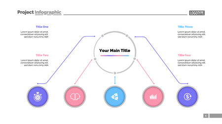 Flowchart with five elements slide template. Business data. Option, infochart, design. Creative concept for infographic, presentation, report. For topics like management, education, business ideaのイラスト素材