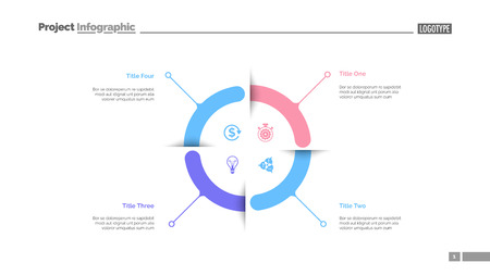Four aspects circle diagram slide template. Business data. Graph, diagram. Creative concept for infographic, templates, presentation, report. Can be used for topics like research, banking, trainingのイラスト素材