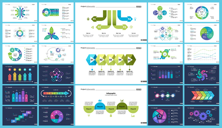 Business infographic diagram slide templates set can be used for workflow layout, annual report, web design. Marketing concept. Donut, arrow, timeline, process charts, bar graph, cycle, area diagramのイラスト素材