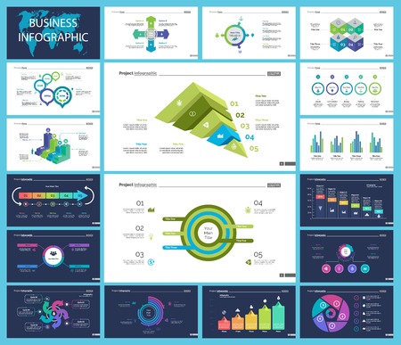 Inforgraphic diagram design set can be used for business project, for annual report, web design. Startup concept. Option chart, process chart, timeline, donut chart, bar graph, percentage diagramのイラスト素材