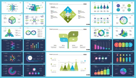 Inforgraphic slide templates for business presentation can be used for annual report, web design, workflow layout. Global business concept. Process, option charts, flowchart, bar graph, donut chartのイラスト素材