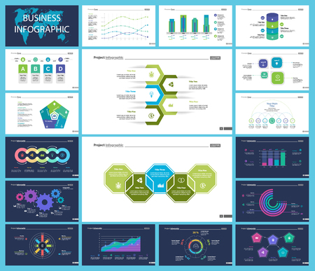 Business presentation slide template design set can be used for workflow layout, annual report, web design. Management concept. Line chart, bar graph, option chart, process chart, flowchartのイラスト素材