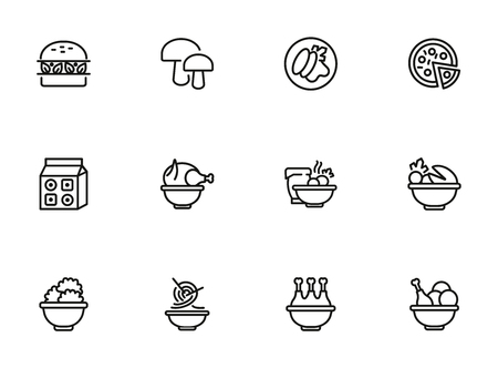 Food products line icon set. Set of line icons on white background. Food concept. Chicken, pizza, mushroom. Vector illustration can be used for topics like supermarket, cookingのイラスト素材