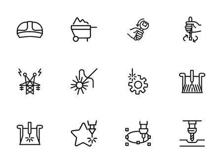 Welding line icon set. Set of line icons on white background. Engine concept. Monitor, worker, electricity. Vector illustration can be used for topics like machinery, automatic, factoryのイラスト素材