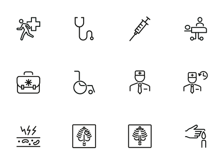 Medicine line icon set. Set of line icons on white background. Healthcare concept. Doctor, drug products, medicine. Vector illustration can be used for topics like hospital, healthcareのイラスト素材