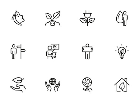 Nature saving line icon set. Set of line icons on white background. Ecology concept. Leaf, person, battery, energy. Vector illustration can be used for topics like environment, ecologyのイラスト素材
