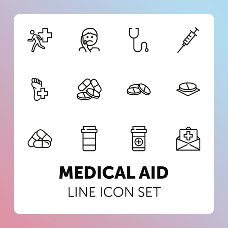 Medical aid line icon set. Stethoscope, syringe, pills. Medicine concept. Can be used for topics like medication, treatment, emergencyのイラスト素材