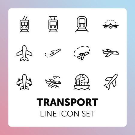Transport line icon set. Vehicle, subway, train, plane, ship. Transportation concept. Can be used for topics like delivery, shipment, travel, tourismのイラスト素材