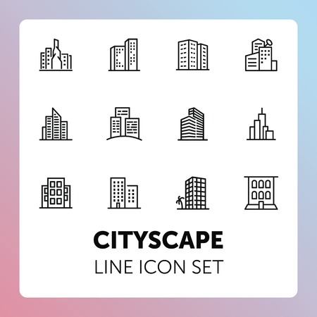 Cityscape line icon set. Set of line icons on white background. Architecture concept. Building, skyscraper, architecture. Vector illustration can be used for topics like apartment, estate, downtownのイラスト素材