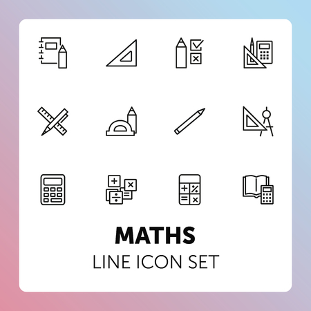 Math line icon set. Set of line icons on white background. Calculation concept. Calculator, pencil, protractor. Vector illustration can be used for topics like school, college, educationのイラスト素材