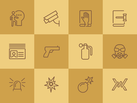 Criminal activity line icon set. Set of line icons on white background. Law concept. Handgun, camera, identification. Vector illustration can be used for topics like justice, law, civil regulationのイラスト素材