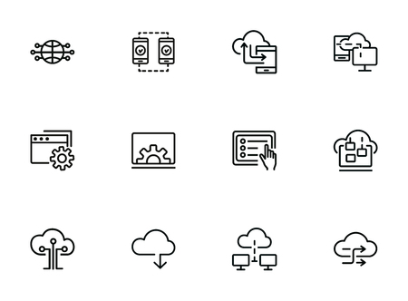 Network line icon set. Set of line icons on white background. Laptop, setting, file, downloading. Internet concept. Vector illustration can be used for topics like technology, internet, webのイラスト素材