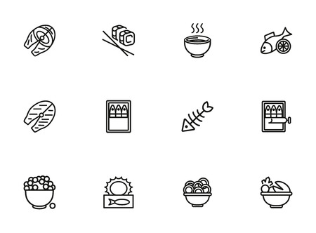 Sea food line icon set. Set of line icons on white background. Bowl, fish, sardines. Food concept. Vector illustration can be used for topics like eating, cooling, restingのイラスト素材