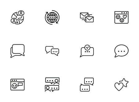 Social media communications line icon set. Set of line icons on white background. Chatting, message, typing. Internet concept. Vector illustration can be used for topics like web, communicationのイラスト素材