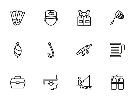 Vacations line icon set. Set of line icons on white background. Fishing, flippers, aqualung. Holiday concept. Vector illustration can be used for topics like travel, trip, tourismのイラスト素材