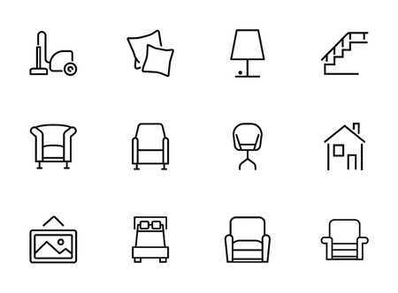 Furniture line icon set. Set of line icons on white background. Lamp, stair, chair, bed. Interior concept. Vector illustration can be used for household, interior, designのイラスト素材