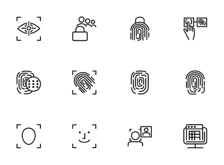 Personality identification line icon set. Set of line icons on white background. Fingerprint, hand, access. Security concept. Vector illustration can be used for topics like technology, securityのイラスト素材