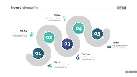 Five points process chart slide template. Business data. Step, infochart, design. Creative concept for infographic, presentation, report. Can be used for topics like management, recruitment, research.のイラスト素材