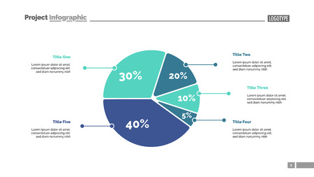 Five sectors pie chart slide template. Business data. Review, assessment, design. Creative concept for infographic, presentation, report. For topics like research, finance, analysis.のイラスト素材