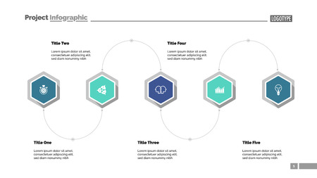 Five step process diagram slide template. Business data. Scheme, flowchart, design. Creative concept for infographic, presentation, report. Can be used for topics like marketing, workflow, technologyのイラスト素材