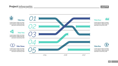 Five trends charts slide template. Business data. Year, graphic, design. Creative concept for infographic, report. Can be used for topics like research, banking, finance.のイラスト素材