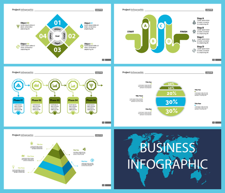 Business infographic creative design set can be used for annual report, web design, workflow layout. Workflow concept. Option, venn, cycle, donut charts, bar graph, flowchartのイラスト素材