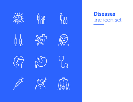 Diseases line icon set. Set of line icons. Healthcare concept. Syringe, injection, bacteria, person, pain. Vector illustration can be used for topics like medicine, health, treatmentのイラスト素材