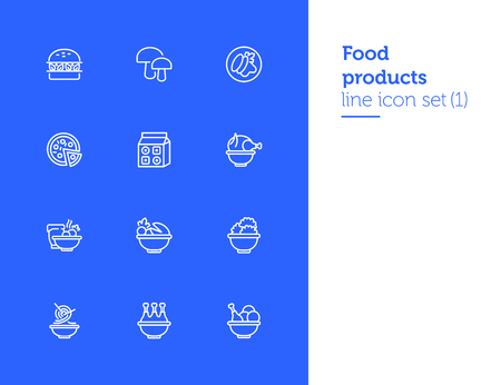 Food products line icon set. Set of line icons on white background. Food concept. Chicken, pizza, mushroom. Vector illustration can be used for topics like supermarket, cookingのイラスト素材