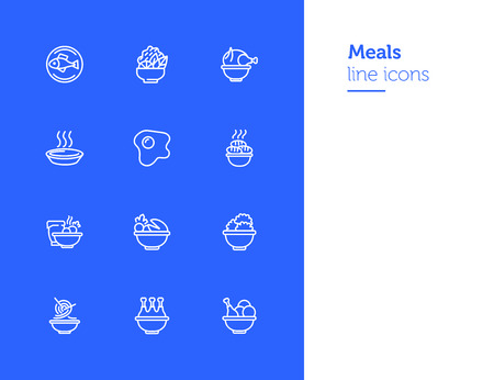 Meals line icons. Set of line icons on white background. Cooking concept. Salad, fish, chicken. Vector illustration can be used for topics like kitchen, cooking, restaurantsのイラスト素材