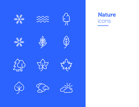 Nature icons. Set of line icons on white background. Wood, snowflake, overcast. Fall concept. Vector illustration can be used for topics like plants, weather, environmentのイラスト素材
