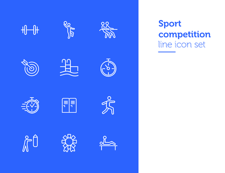Sport competition icons. Set of line icons. Gym lockers, barbell, swimming pool. Sports activity concept. Vector illustration can be used for topic like professional sport, physical activity, trainingのイラスト素材