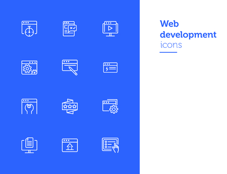 Web development icons. Set of line icons on white background. Homepage, setting folder, webinar. Computer using concept. Vector illustration can be used for topic like internet, technology, web designのイラスト素材