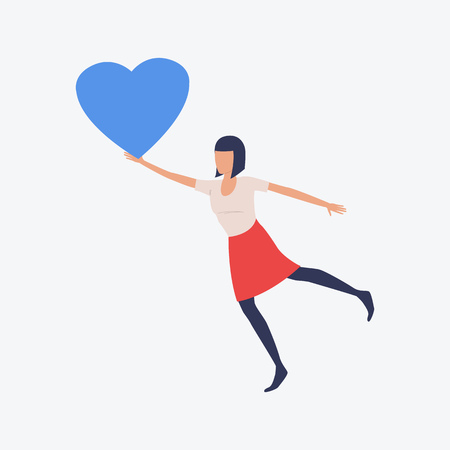 Brunette woman holding blue heart and dancing. Romantic, girlfriend, greeting. Can be used for topics like Saint Valentines Day, festival, celebrationのイラスト素材