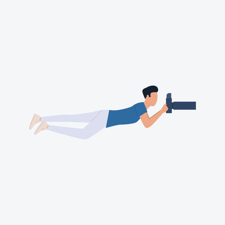 Man lying with photo camera. Young man, hobby, art. Can be used for topics like active lifestyle, working, hobbyのイラスト素材