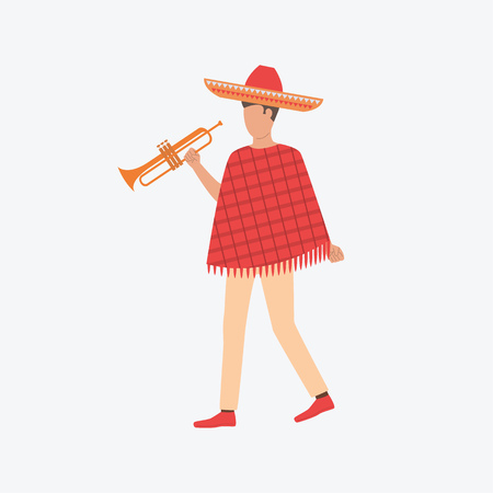 Man in red poncho with saxophone. Guy, costume, musician. Can be used for topics like celebration, greeting, seasonalのイラスト素材
