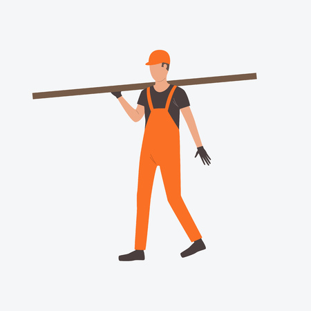 Man in uniform holding structural beam. Builder, worker, industry. Can be used for topics like development, industrialのイラスト素材