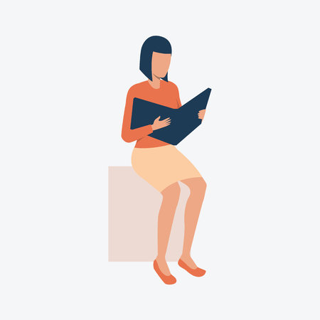 Woman sitting on cube and holding folder. Reading, project, official style. Can be used for topics like office, work, job, demonstrationのイラスト素材