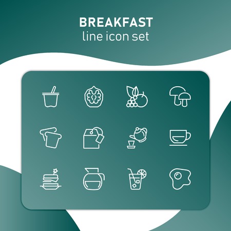 Breakfast line icon set. Set of line icons on white background. Food concept. Coffee, tea, bread. Vector illustration can be used for topics like food, cafe, breakfastのイラスト素材