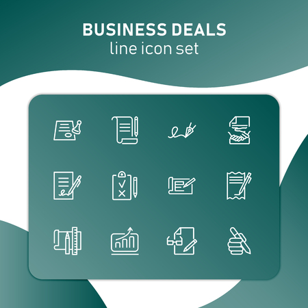 Business deals line icon set. Set of line icons on white background. Working concept. Document, office supplies, pen, bill. Vector illustration can be used for topics like job, officeのイラスト素材